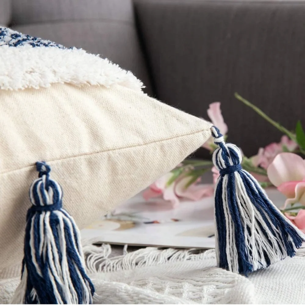 Luxury Home | Boho Chic Blue & White Tufted Woven Tassel Lumbar Pillow Cover